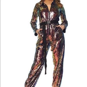 Iridescent sequin jumpsuit.